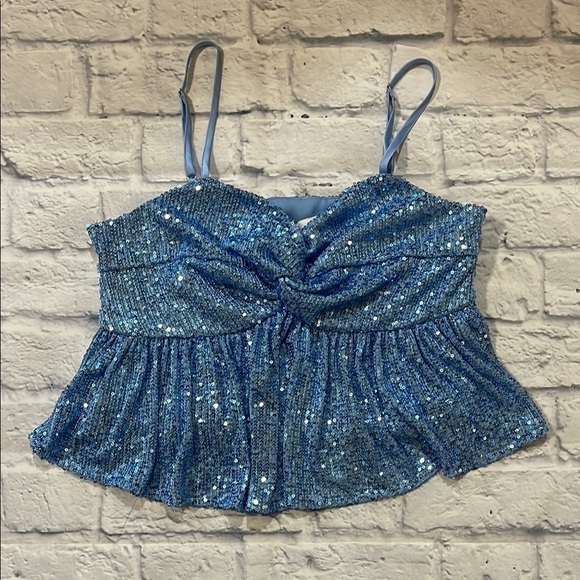 Endless Rose Dusty Blue Sequin Flowy Crop Top Tank Adjustable Straps NWT - Picture 1 of 7